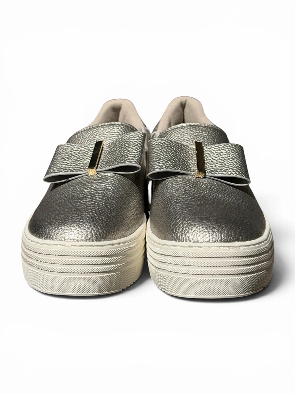 Joy Luxe Genuine Leather Bow Platform Sneakers Orthotic Slip On Pewter‎ 7.5W